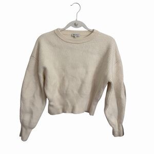 Lilysilk Sweater Medium Ivory Wool Ribbed Semi Crop Crewneck Balloon Sleeve